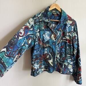 Chico's Linen Cotton Abstract Painted Blue Red Artsy Lightweight Jacket Size L